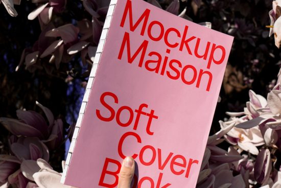 Hand holding pink softcover book mockup with bold lettering against a floral background, ideal for designers looking for realistic presentation.