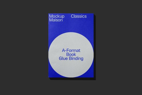 Elegant A-format book mockup with glue binding on dark background, ideal for presenting classic designs and typography layouts.