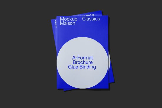 Blue A-format brochure mockup with glue binding on a dark background, ideal for showcasing design projects and presentations for clients.