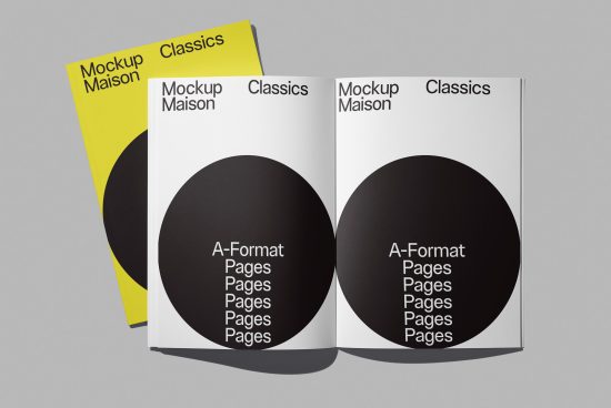 Magazine mockup design featuring two open brochures with a black circle graphic, one in white and the other in yellow. Perfect for presentations, portfolios.
