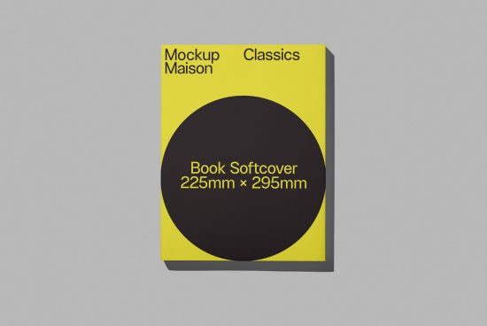 Yellow book softcover mockup with black circle on gray background, 225mm x 295mm, realistic design template for designers.