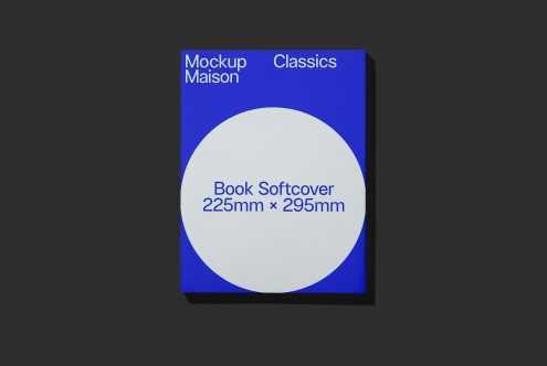 Elegant blue book cover mockup with white circle design on dark background, dimensions 225mm x 295mm, ideal for book design presentation.