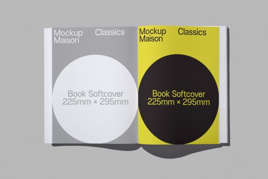 Book softcover mockup open to reveal cover design, with dimensions 225mm x 295mm for showcasing graphics in a realistic setting.