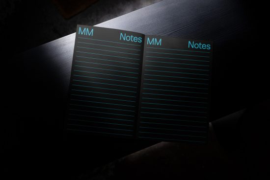 Two sleek notepads with cyan lines on a dark textured surface, showcasing modern stationery design, ideal for mockup graphics.