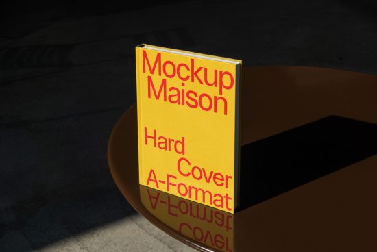 Hardcover book mockup with yellow cover and red text on a dark surface in sunlight, perfect for presentations and portfolios.
