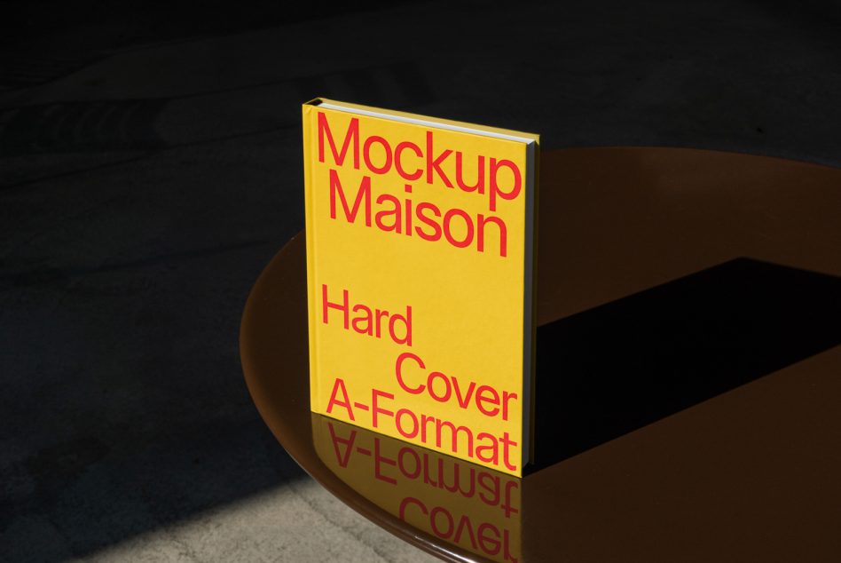 Single yellow hardcover book mockup standing upright casting dark shadow behind