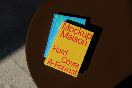 Book mockups on brown table with sunlight shadow, showcasing hardcover design for presentation, ideal for designers' portfolio assets.