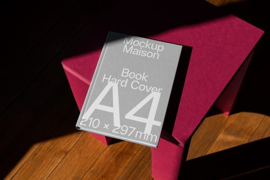 A4 hardcover book mockup on magenta stand with shadow play, ideal for presenting design work and portfolio to clients.