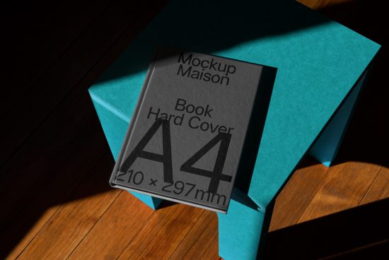 Book mockup on teal podium in sunlight shadow, hardcover A4 size for presentation and design display.