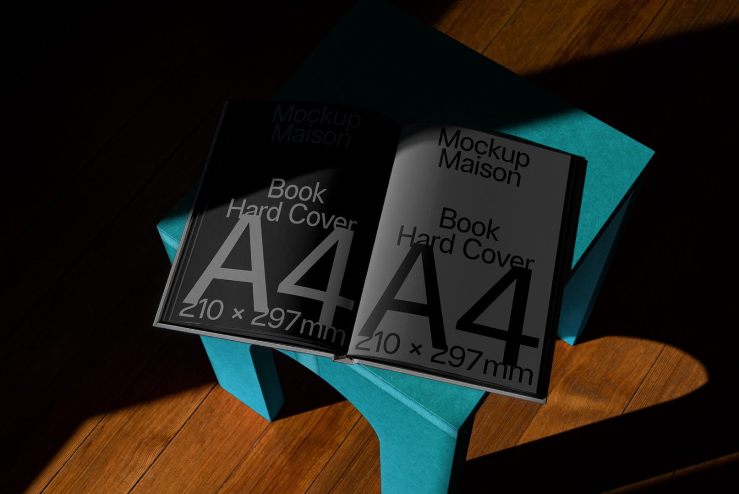 A4 hardcover book mockup on wooden surface with shadow, realistic design presentation asset for publishers and graphic designers.