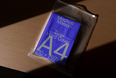 Realistic book mockup with blue cover in plastic packaging on a dark textured surface, showcasing design for A4 hardcover, suitable for presentations.