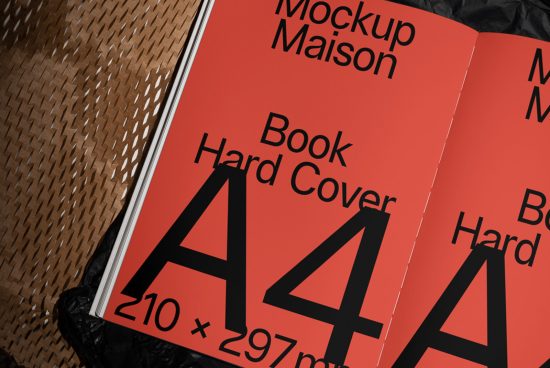 Hardcover book mockup with A4 dimensions displayed on a textured background, ideal for showcasing book designs and layouts for designers.