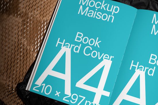 Close-up of a hardcover book mockup in A4 size with turquoise cover on textured background, ideal for showcasing book cover designs.