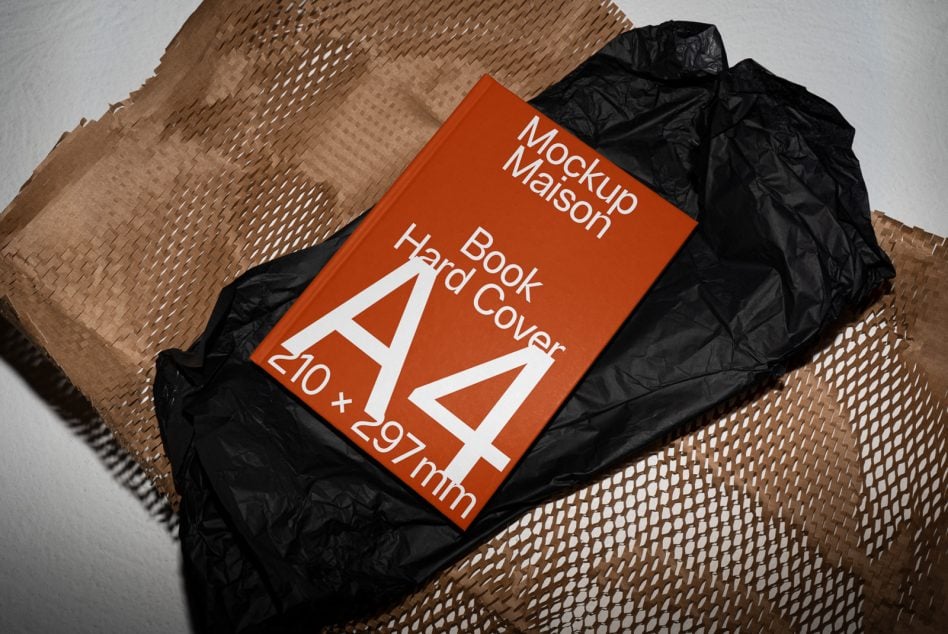 Burnt orange A4 hardcover book on black tissue paper with kraft packaging visible