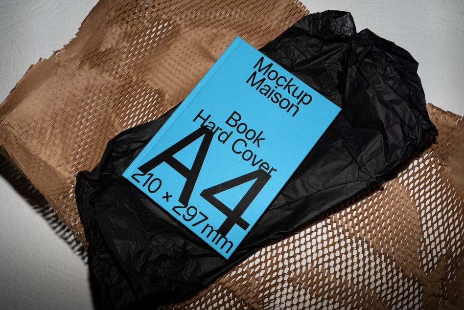 Cyan blue A4 hardcover book on black tissue paper with kraft packaging visible