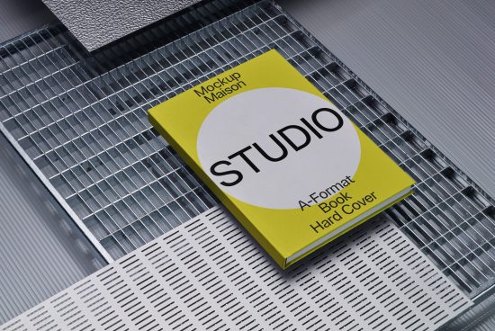 Yellow hardcover book mockup with the title STUDIO on textured background for designers, ideal for presentations and portfolio displays.