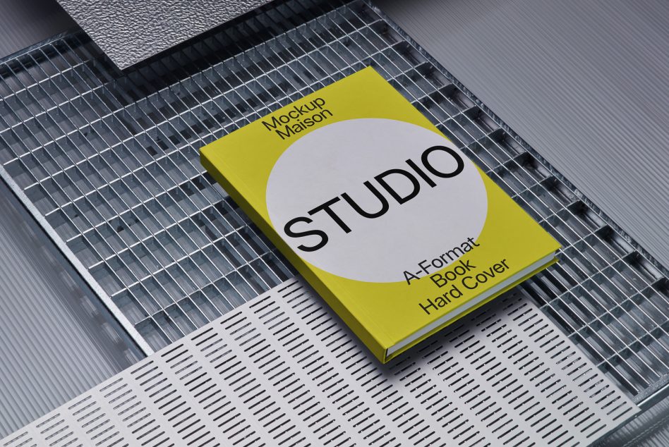 Yellow hardcover book with white circle showing Studio text on textured surface