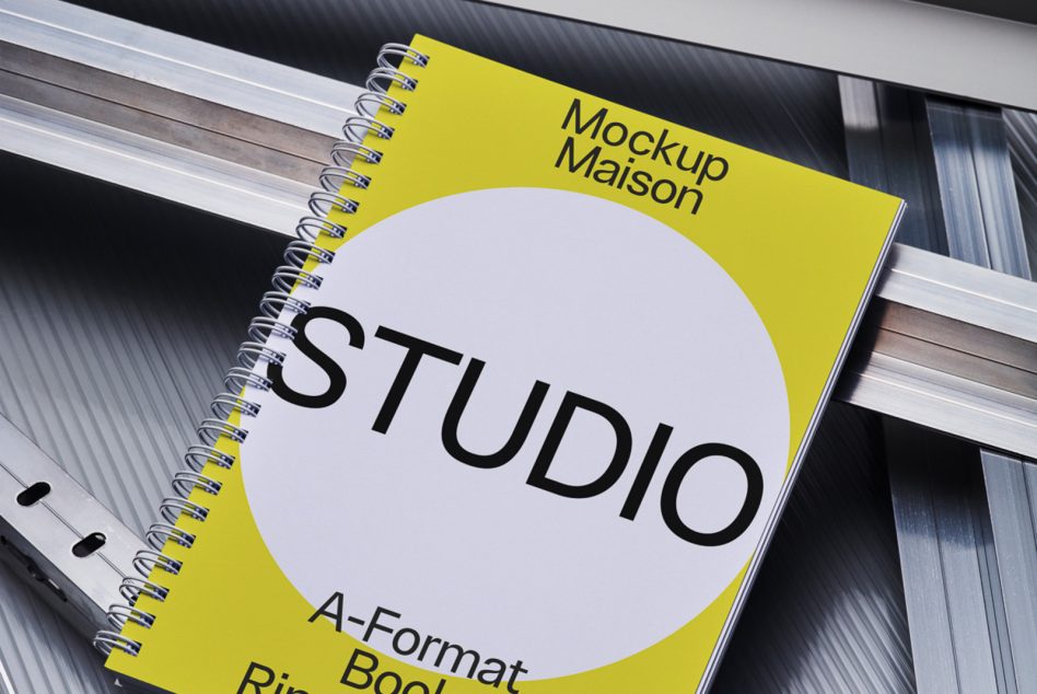 Notebook mockup with spiral binding on a metal shelf, bright yellow cover with 'STUDIO' text design, realistic shadow detail, graphic designer asset.