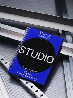Blue spiral-bound A-format book with STUDIO text on black circle, modern workspace setting