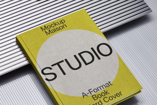 Modern A-format book mockup on striped background, titled STUDIO, perfect for presentations and showcasing cover designs.