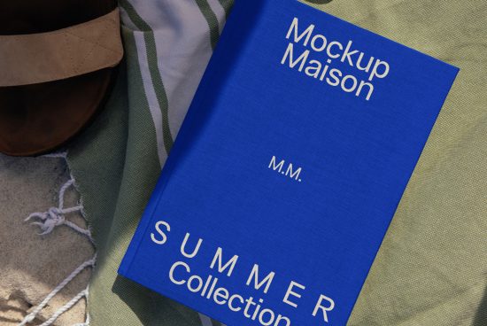 Fashion magazine mockup on fabric texture with summer collection theme, realistic book design presentation, stylish branding mockups.