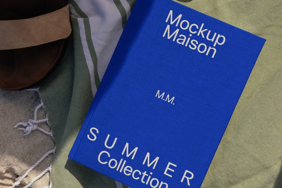 Blue book mockup on green striped fabric near leather bag