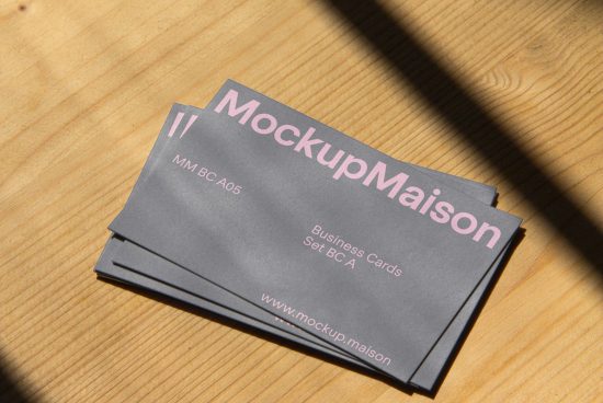 Business card mockup on wooden surface with natural shadows, ideal for clean and modern design presentations, graphic design asset.