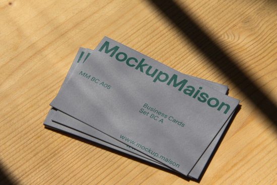 Stack of business card mockups with shadow on wooden surface, ideal for branding, graphic design, and print templates.