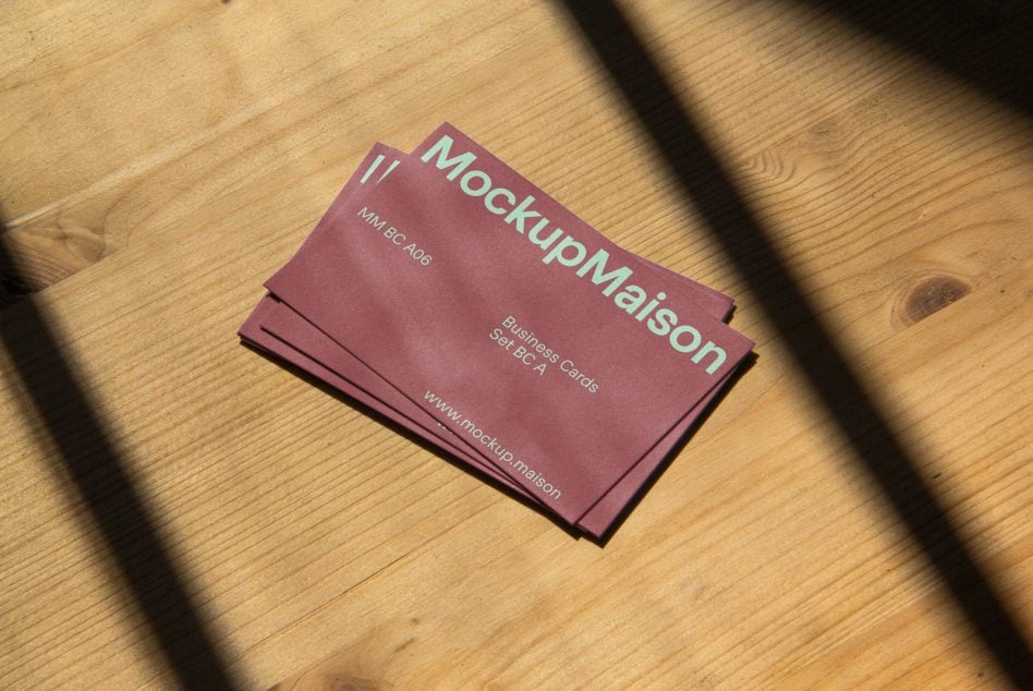 Stack of burgundy business cards on wooden surface with natural shadow overlay