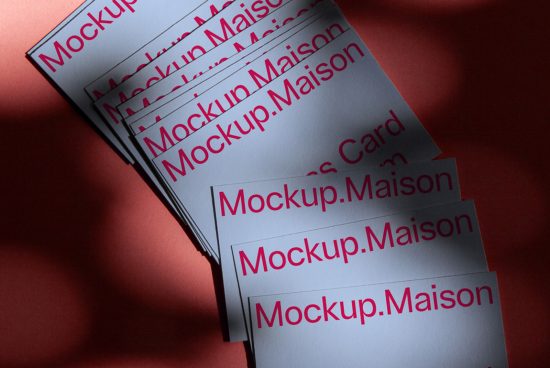 Stack of business card mockups with elegant typography on a red background, highlighting print design for branding and identity design assets.