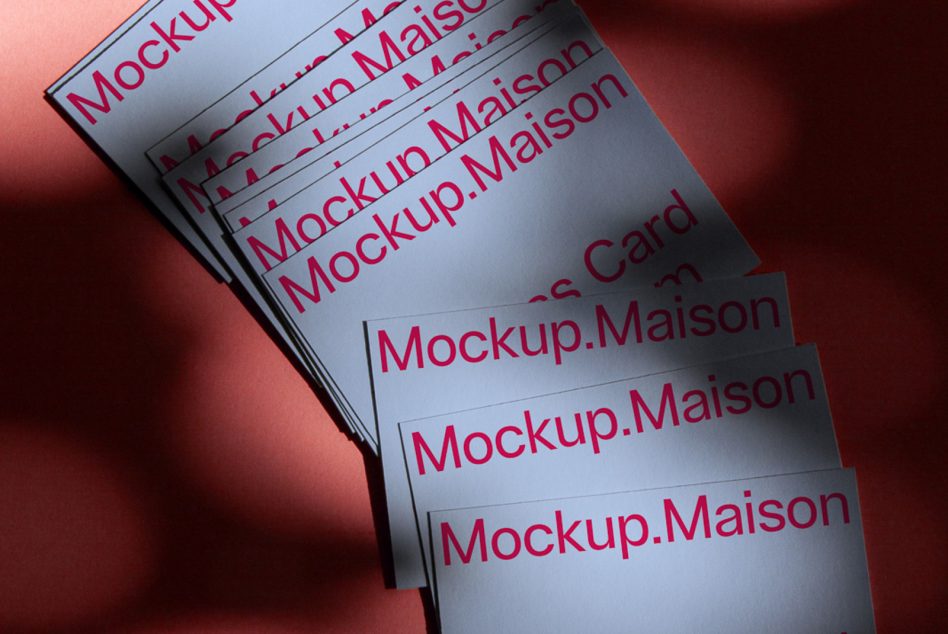 Fanned white cards with magenta type casting red light on background
