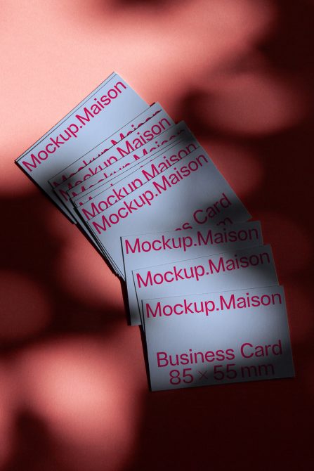 Fanned stack of white cards with magenta text casting red shadow