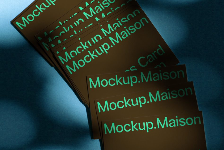 Stacked brown business cards with bright mint green text, angled view