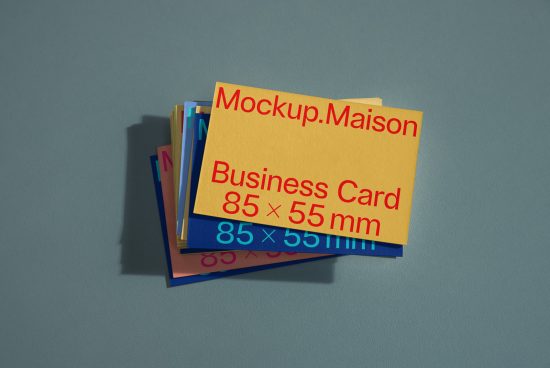 Stack of colorful business card mockups with top card reading Mockup.Maison Business Card on a grey background, design asset.