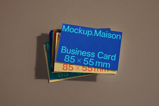 Stacked business card mockup in various colors on a plain background, ideal for brand identity design presentation.