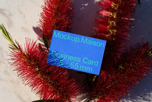 Blue business card mockup with green and red floral background, design presentation, branding assets, creative templates, digital download.