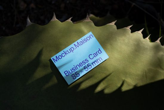 Business card mockup with natural shadows on a green leafy texture, perfect for eco-friendly design presentations, 85x55mm format.