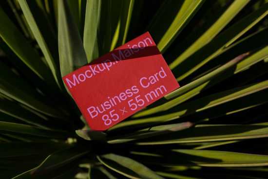Red business card mockup with white text nestled in green yucca plant leaves, showcasing natural light and shadow play, ideal for eco-friendly brand presentation.