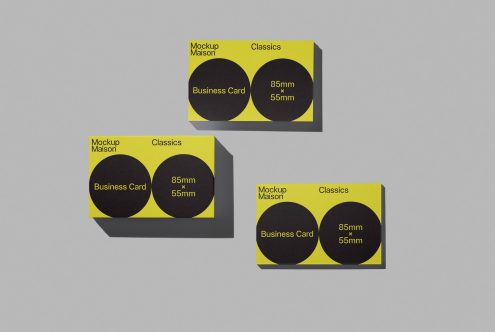 Business card mockups in yellow and black with dimensions, floating on a neutral background, realistic shadows, design presentation tool.