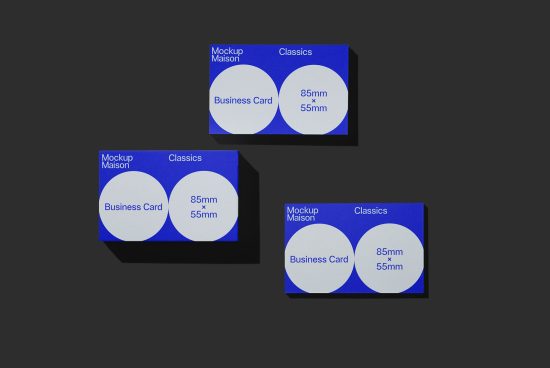 Business card mockups in various layouts against a dark background, showcasing professional presentation for design display.