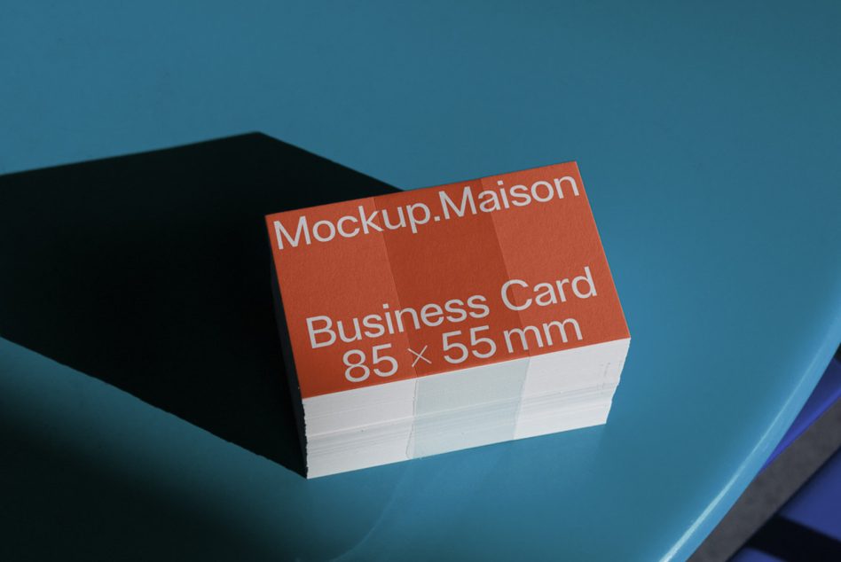 Stacked business card mockup with orange top, white edges, blue background with geometric shadows