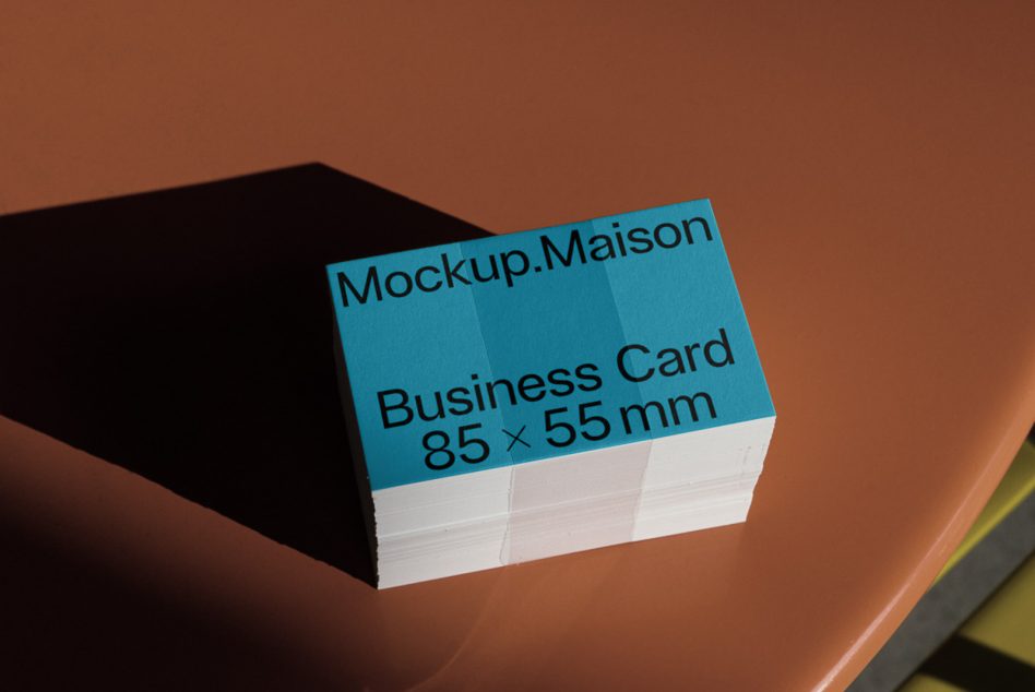 Cyan business card stack on brown table with black shadow backdrop