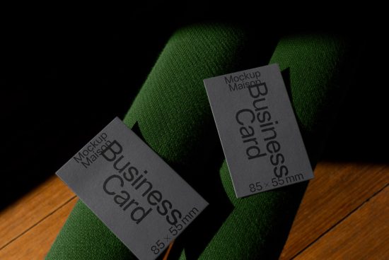 Business card mockup on a green textile surface with dramatic lighting, ideal for presenting stationery designs to clients.