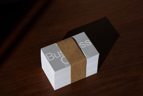 Stack of business cards with elegant design mockup on wooden surface, ideal for branding identity, designers portfolio.