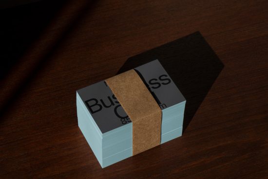 Stack of business cards with natural shadow on wooden surface, ideal for mockup design presentation.