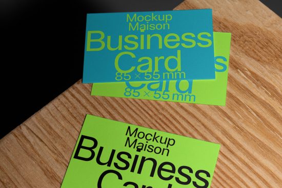 Professional business card mockup on wood texture for showcasing design work. Ideal for designers seeking print templates or graphic assets.