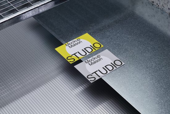High-resolution studio business card mockup on textured metal surface for designers, displaying custom branding and logo design.