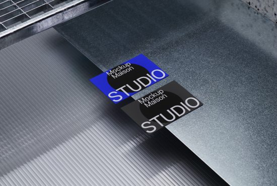 Business card mockup on textured metal surface, modern design, professional branding presentation, realistic shadows, editable template for designers.