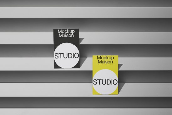 Modern graphic design mockups with bold text and circular elements on black and yellow cards against a striped background.