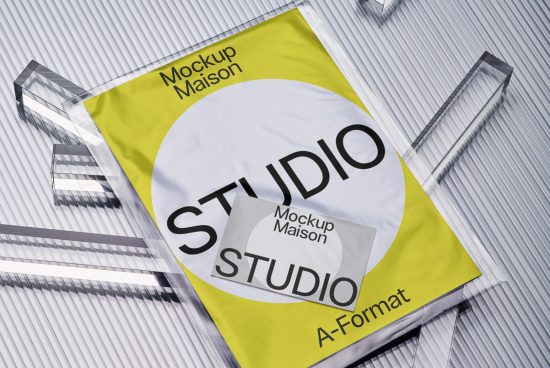 Yellow tote bag mockup with sleek studio design lying on corrugated metal surface for designers to display branding work.